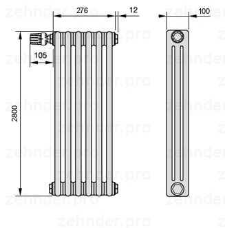 Схема (чертеж) Радиатор Zehnder Charleston 3280/6 №V011 Белый глянцевый RAL 9016
